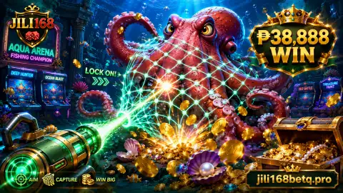 JILI168 fishing treasure scene with coin trails and lobster imagery beneath glowing water