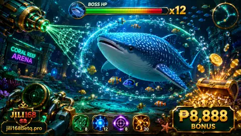 JILI168 fishing koi temple scene with ornamental underwater architecture and glowing fish