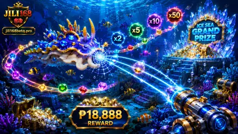 JILI168 fishing volcanic underwater scene with warm light, deep water and large creature silhouettes