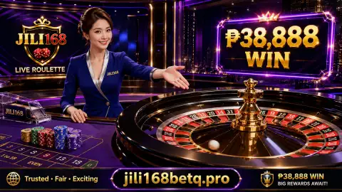 JILI168 live casino roulette studio scene with a host, polished wheel and table setting