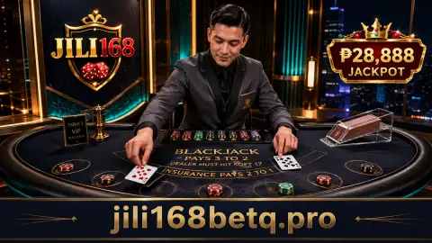 JILI168 blackjack studio scene focused on cards, dealer hands and the live table
