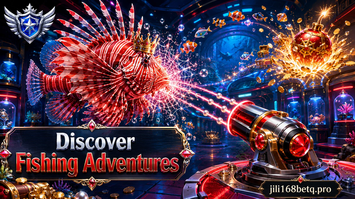 JILI168 game download fishing scene with a hammerhead above a foreground cannon in a gold-lit treasure reef