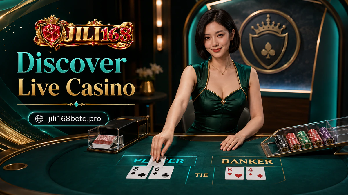 JILI168 online casino roulette scene with an ivory ball circling ruby pockets beside the host